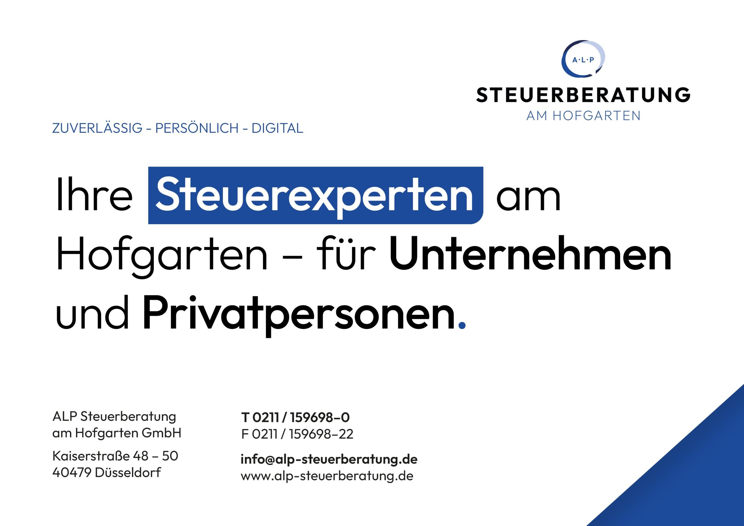 ALP Stb. GmbH, Anzeigenvorlage Kooperationspartner ALP Steuerberatung am Hofgarten GmbH Düsseldorf – Partner der Oliver Henning Versicherungsmakler GmbH